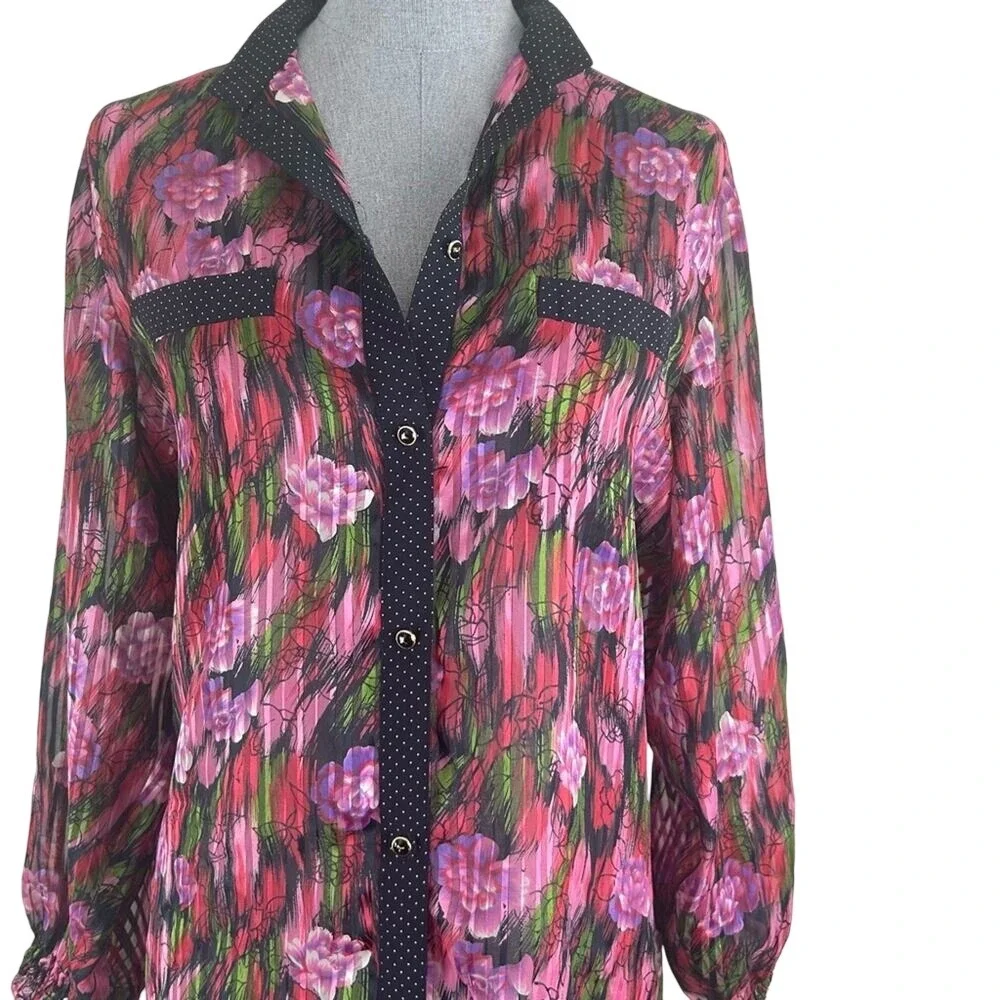 Vintage Diane Tres Polka Dot Sheer Floral‎ Button Down Blouse